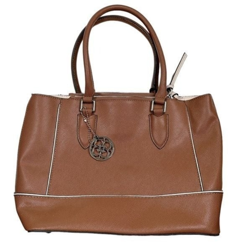 Anne Klein Cognac Brown Textured Faux Leather Satchel Handbag with Cream Trim